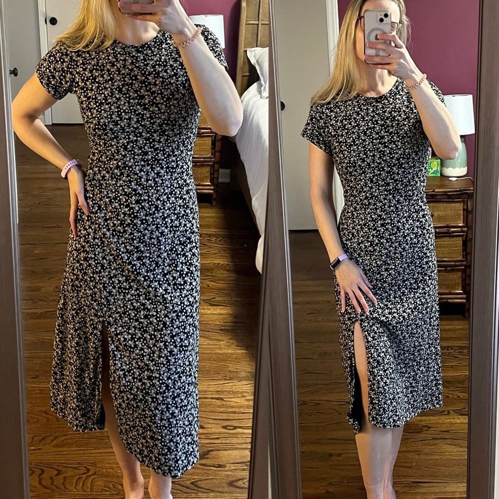 NATURAL by KNOWN SUPPLY Black Tan Cream Ditsy Floral Midi Dress Side Slit Small